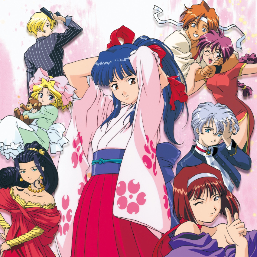 1990s_(style) 6+girls album_cover apron bad_link bare_shoulders bead_necklace beads black_hair black_sleeves black_suit blonde_hair blue_eyes blue_jacket blue_sleeves blue_stripes bow braid breasts brown_eyes brown_gloves cel_shading china_dress chinese_clothes closed_mouth collarbone cover cowboy_shot detached_sleeves dougi dress earrings everyone falling_petals fingerless_gloves floral_print floral_print_kimono freckles frilled_apron frills gloves gold_necklace green_dress green_eyes grey_hair gun hair_ornament hair_ribbon hairband hakama hakama_skirt half_updo hand_on_own_head headband highres holding holding_gun holding_stuffed_toy holding_weapon iris_chateaubriand jacket japanese_clothes jean-paul jewelry juliet_sleeves kanzaki_sumire karate_gi kimono kirishima_kanna legs leni_milchstrasse light_brown_hair long_hair long_sleeves maria_tachibana medium_breasts mole mole_under_eye multiple_girls neck_ribbon necklace obi official_art one_eye_closed open_eyes open_mouth parted_bangs parted_lips pelvic_curtain petals pink_background pink_bow pink_hair pink_kimono pink_sleeves pinstripe_pattern pinstripe_suit pointing pointing_up ponytail puffy_sleeves purple_eyes purple_hair purple_kimono purple_sash red_dress red_hakama red_ribbon red_tank_top retro_artstyle ri_kouran ribbon round_eyewear sakura_taisen sash second-party_source sega shinguuji_sakura shirt short_hair side_slit sidelocks simple_background skirt smile soletta_orihime standing straight_hair striped_clothes striped_shirt striped_sleeves stuffed_animal stuffed_toy suit tank_top teddy_bear teeth traditional_media twin_braids tying_hair upper_body vertical-striped_clothes vertical-striped_shirt wavy_hair weapon white_background white_hairband white_headband white_sleeves white_stripes wide_sleeves wrench yellow_sleeves