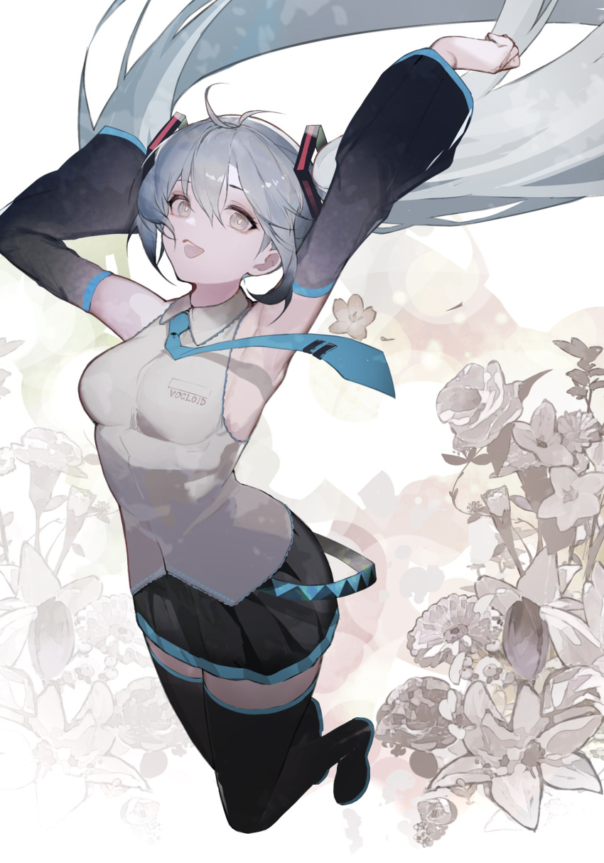 1girl anths aqua_necktie armpits arms_up black_footwear black_skirt blue_hair boots breasts detached_sleeves floating_clothes floating_hair flower grey_eyes hatsune_miku highres long_sleeves looking_at_viewer necktie open_mouth shirt skirt sleeveless sleeveless_shirt solo vocaloid white_shirt