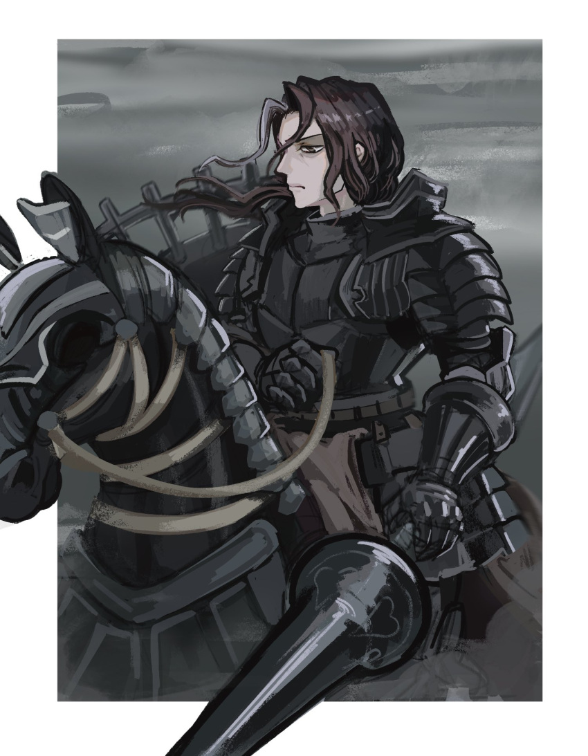 1boy armor armored_animal barding black_armor black_eyes black_hair breastplate closed_mouth cowboy_shot faulds gauntlets greaves grey_background grey_hair highres holding holding_polearm holding_weapon horseback_riding kurapixel_art lance long_hair male_focus multicolored_hair pauldrons polearm profile renault_(unicorn_overlord) riding shoulder_armor solo streaked_hair unicorn_overlord weapon