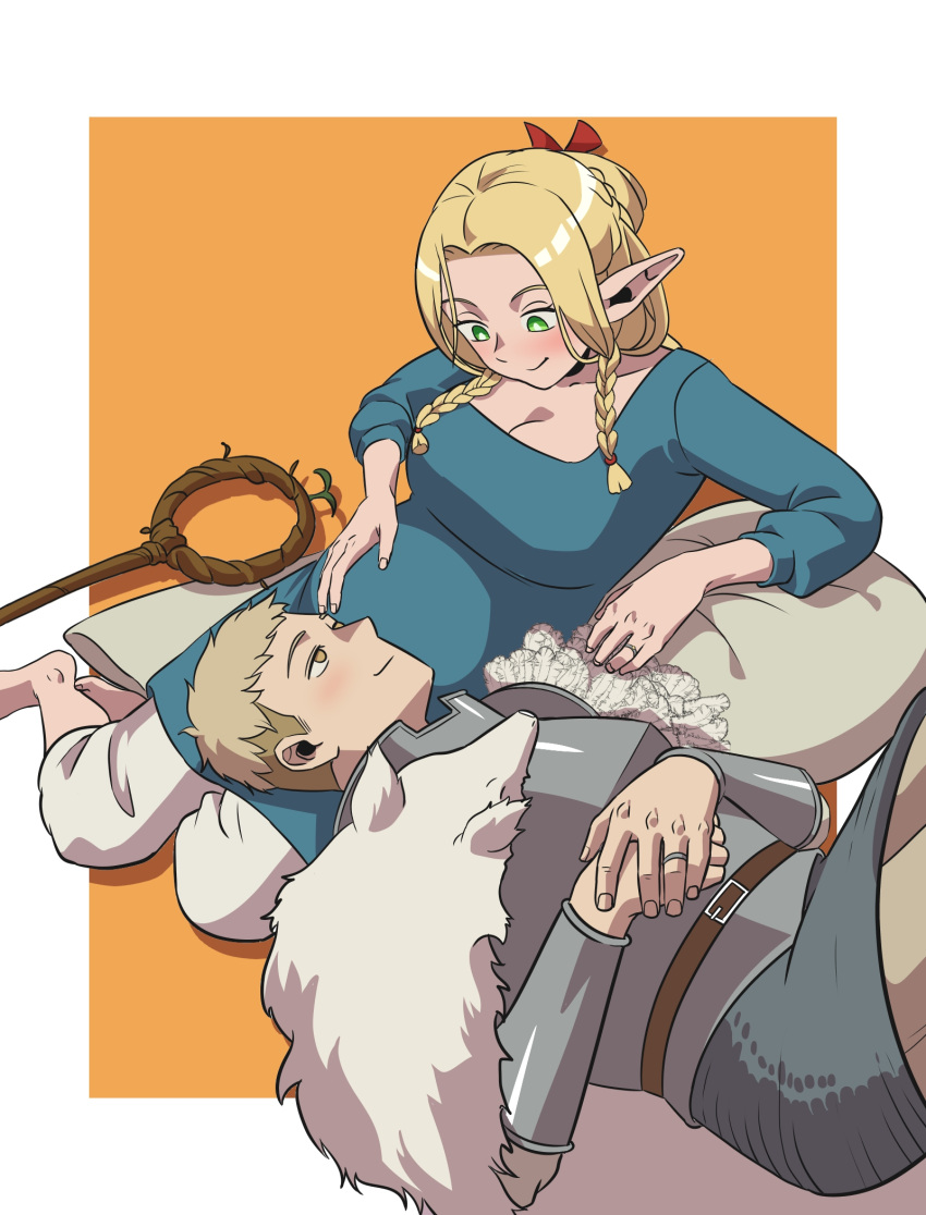 1boy 1girl ambrosia_(dungeon_meshi) armor barefoot blonde_hair blue_dress blush breasts cleavage closed_mouth commission cowboy_shot dress dungeon_meshi eye_contact full_body green_eyes hair_ribbon hetero highres husband_and_wife jewelry kang_cilok's laios_thorden lap_pillow large_breasts looking_at_another pants pillow pointy_ears pregnant ribbon ring second-party_source smile staff wedding_ring
