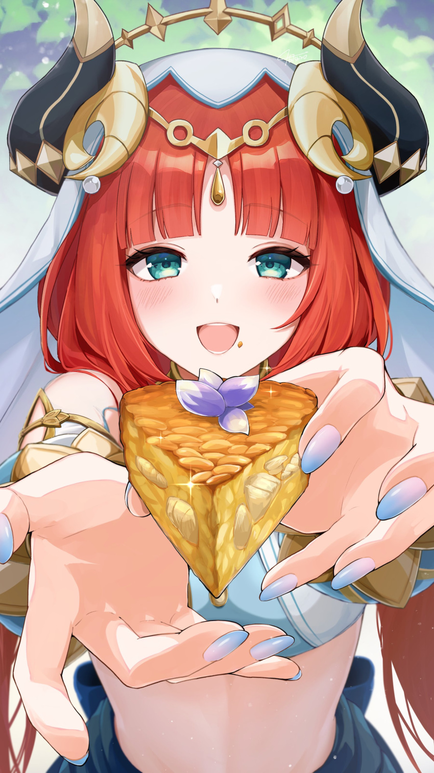 1girl absurdres blue_eyes circlet crop_top detached_sleeves fake_horns food genshin_impact harem_outfit highres holding holding_food horns jewelry light_blush looking_at_viewer neck_ring nilou_(genshin_impact) open_mouth puffy_sleeves red_hair shironashiro_p skirt smile solo stomach twintails veil