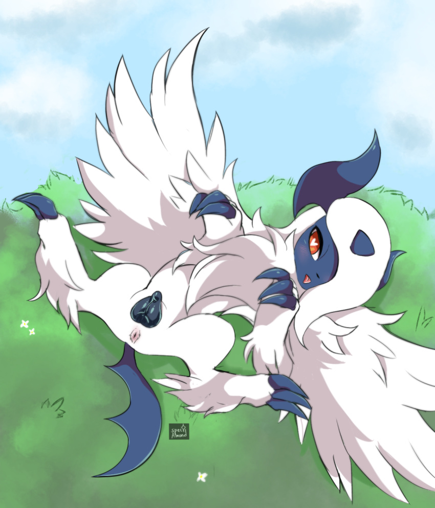 absol animal_genitalia animal_pussy anus blush blush_lines canine_genitalia canine_pussy chest_tuft claws coulds digital_media_(artwork) female feral flower fur generation_3_pokemon generation_6_pokemon genitals grass heart_eyes heart_symbol hi_res laying_on_grass long_fur long_nails lying mega_absol mega_evolution nintendo on_back one_eye_obstructed outside plant pokemon pokemon_(species) pussy quadruped red_eyes solo spec_almond_(artist) spread_wings tongue tongue_out tuft wings