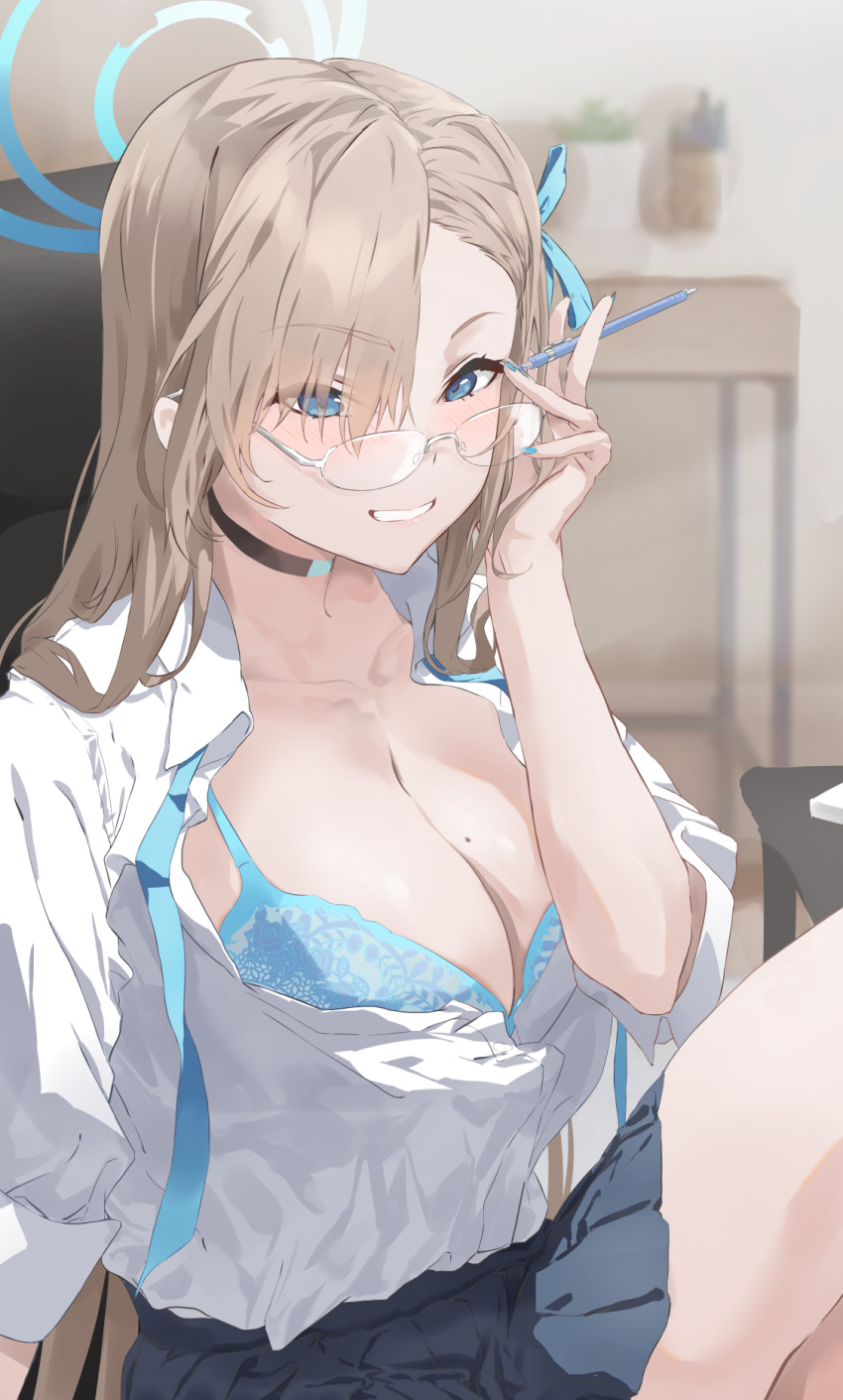 1girl asuna_(blue_archive) black_choker black_skirt blue_archive blue_bra blue_eyes blue_halo blue_ribbon bra breasts choker cleavage collarbone collared_shirt glasses grin hair_over_one_eye hair_ribbon halo highres holding holding_pencil kuu_(user_gngs5284) large_breasts light_brown_hair long_hair mechanical_pencil mole mole_on_breast pencil pleated_skirt ribbon shirt skirt smile solo underwear white_shirt