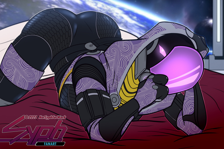 alien armor ass_up bed bedroom bioware bodysuit breasts butt_from_the_front clothing earth electronic_arts female furniture glowing glowing_eyes hand_on_head headgear helmet hi_res hood humanoid inside looking_at_viewer lying mass_effect moon on_bed on_front planet purple_eyes quarian skinsuit small_breasts solo space spread_legs spreading sypherus tali'zorah tight_clothing visor window