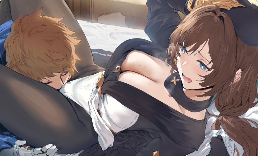 1boy 1girl absurdres backlighting bed blush breasts brown_hair cleavage closed_eyes commentary cunnilingus cunnilingus_through_clothes english_commentary gran_(granblue_fantasy) granblue_fantasy greyscale hand_on_another's_thigh head_between_thighs heavy_breathing hetero hews highleg highleg_leotard highres indoors large_breasts leotard long_hair long_sleeves looking_at_another looking_down lying monochrome on_back on_bed open_mouth oral raziel_(granblue_fantasy) reclining short_hair sketch spread_legs sweat thighs white_leotard