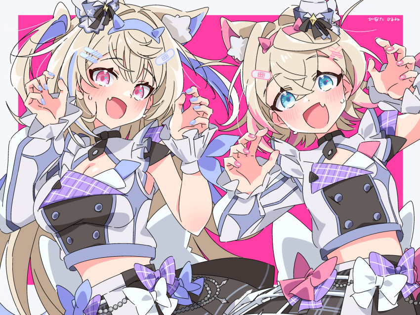 2girls alternate_costume animal_ear_fluff animal_ears asymmetrical_clothes black_skirt blonde_hair blue_eyes blue_hair blue_nails blush breasts claw_pose cleavage cropped_jacket dog_ears fang fuwawa_abyssgard highres hinata_hirune hololive hololive_english hololive_idol_uniform_(bright) large_breasts long_hair looking_at_viewer medium_breasts midriff mococo_abyssgard multicolored_hair multiple_girls pink_background pink_eyes pink_hair pink_nails ribbon short_hair siblings simple_background sisters skin_fang skirt streaked_hair twins two-tone_hair upper_body