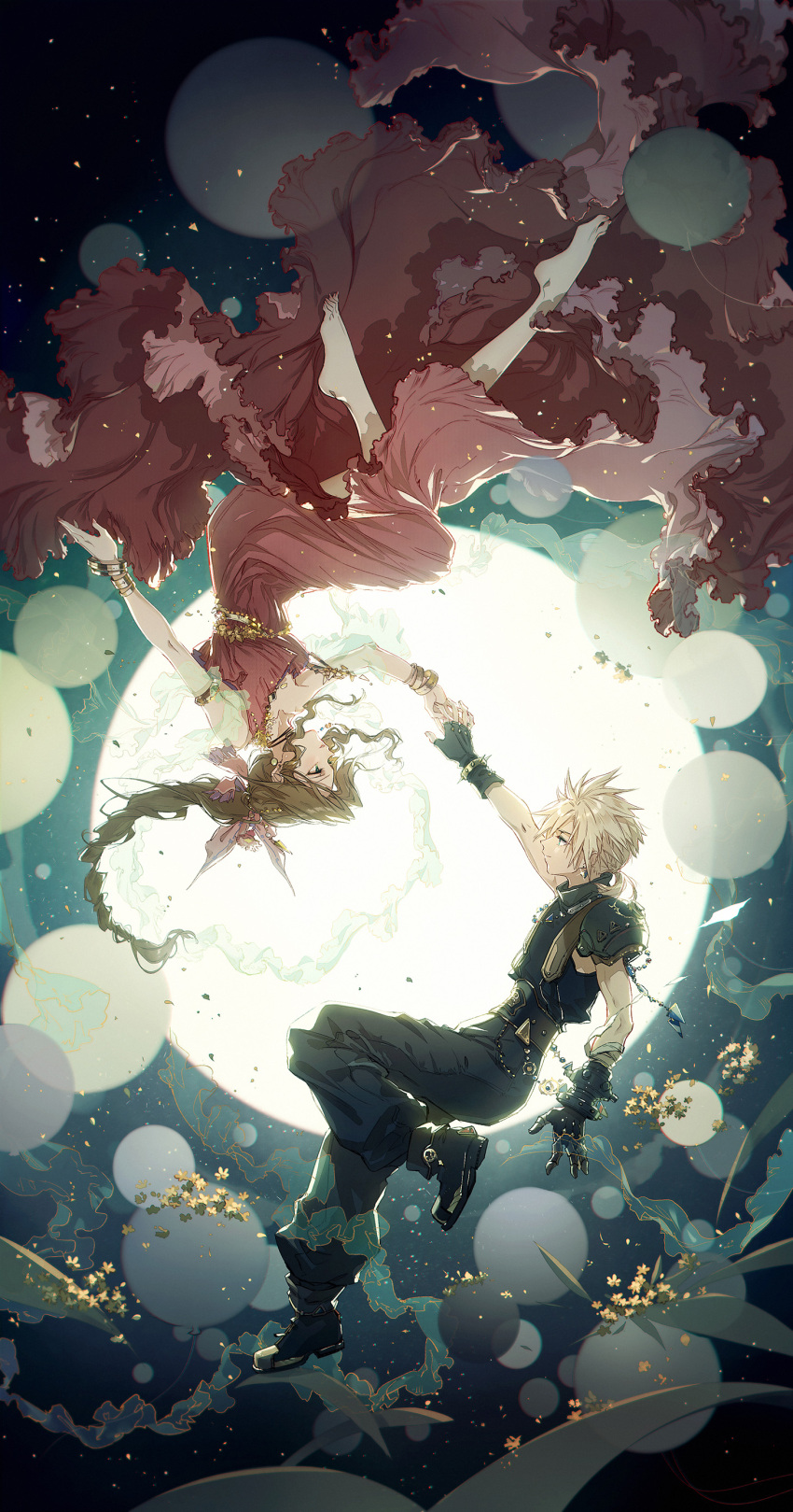 1boy 1girl absurdres aerith_gainsborough armlet armor baggy_pants bandaged_arm bandages bangle barefoot belt black_footwear blonde_hair blue_pants boots bracelet braid braided_ponytail breasts brown_hair choker cloud_strife dress earrings final_fantasy final_fantasy_vii final_fantasy_vii_remake fingerless_gloves floating flower full_body full_moon gloves hair_between_eyes hair_ribbon highres holding_hands jewelry kieta long_dress long_hair looking_at_another low_ponytail medium_breasts medium_hair moon pants parted_bangs parted_lips pink_dress pink_ribbon ribbon short_ponytail shoulder_armor sidelocks single_earring sleeveless sleeveless_dress sleeveless_turtleneck smile spiked_hair suspenders turtleneck upside-down veil wavy_hair yellow_flower