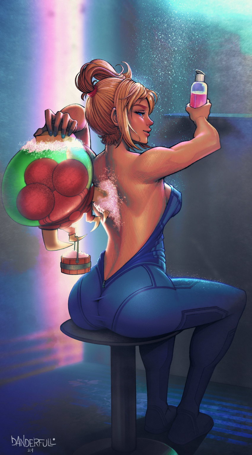 1girl 1other absurdres alien ass back blonde_hair blue_bodysuit blue_eyes bodysuit breasts cleavage danderfull english_commentary folded_ponytail from_behind full_body highres holding holding_sponge large_breasts metroid metroid_(creature) no_bra parted_lips partially_undressed samus_aran shower_(place) showering sideboob sitting smile soap soap_bubbles solo_focus sponge stool unzipped washing_another washing_back zero_suit