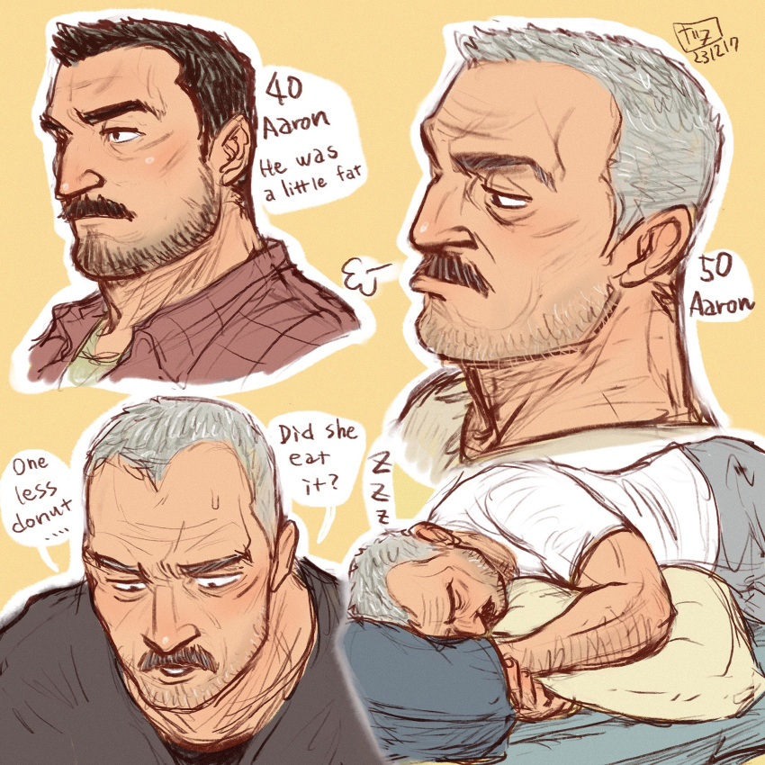 1boy aaron_gruber_(o_natsuo88) age_progression arm_hair bara beard_stubble black_hair character_name cropped_torso english_text facial_hair grey_hair highres hugging_object lying male_focus mature_male multiple_views mustache o_natsuo88 old old_man on_side original pillow pillow_hug receding_hairline scar scar_on_cheek scar_on_face shirt short_hair simple_background sleeping speech_bubble stubble thick_eyebrows thick_mustache wrinkled_skin yellow_background