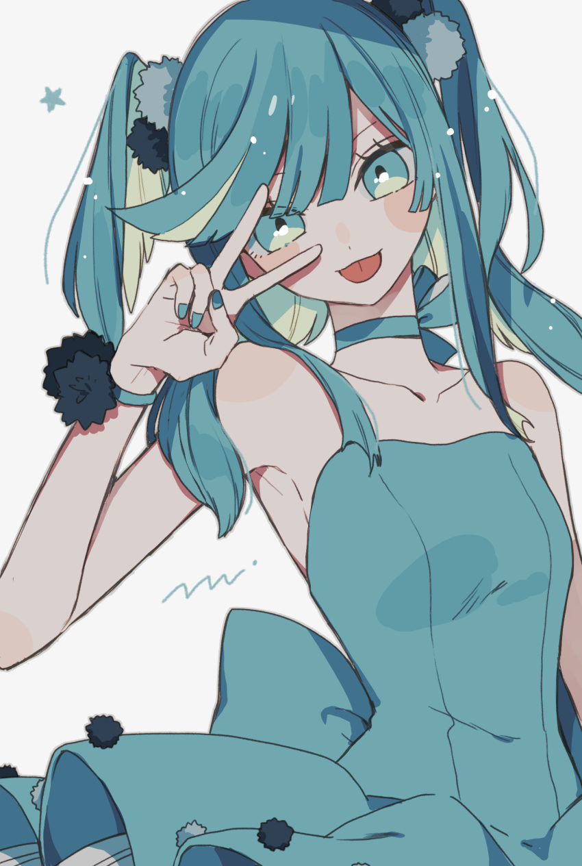 1girl :p aqua_dress aqua_eyes aqua_hair aqua_nails bare_shoulders blue_dress blue_hair blue_nails choker collarbone dress hand_up highres long_hair looking_at_viewer maco22 multicolored_hair nail_polish original pom_pom_(clothes) simple_background smile solo star_(symbol) strapless strapless_dress tongue tongue_out two_side_up v white_background