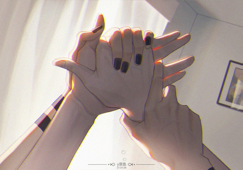 2021 2boys arm_tattoo black_nails commentary_request couple curtains dated dog_shadow_puppet fingernails fushiguro_megumi hand_focus hand_on_another's_hand holding_another's_wrist indoors jujutsu_kaisen male_focus multiple_boys nail_polish own_hands_together picture_frame ryoumen_sukuna_(jujutsu_kaisen) tattoo y06407694 yaoi