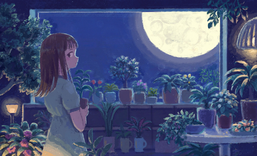 1girl absurdres bowl brown_eyes brown_hair closed_mouth coma_(ina_co_ma) commentary dress english_commentary flower flower_pot from_side full_moon highres holding holding_flower_pot indoors lamp light_blue_dress long_hair looking_at_viewer looking_back moon moonlight night night_sky orange_flower original pink_flower plant potted_plant profile purple_flower red_flower round_table short_sleeves sideways_glance sky solo table tree window yellow_flower