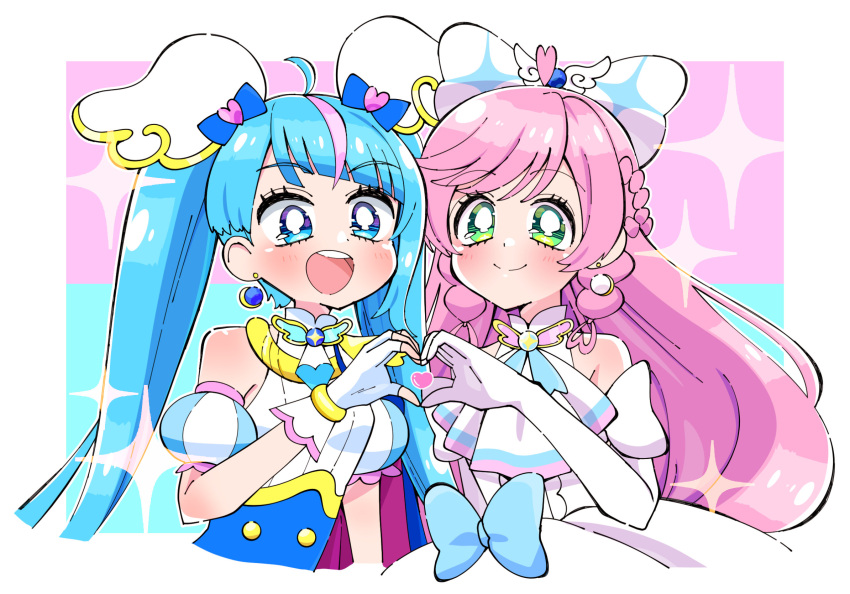 2girls :d ahoge aqua_eyes aqua_hair arm_at_side ascot blue_bow blue_cape blue_dress blue_eyes blue_hair blue_ribbon blunt_bangs blush border bow bowtie braid bright_pupils brooch cape closed_mouth collared_dress collared_shirt commentary cropped_torso cure_prism cure_sky cut_bangs detached_sleeves diagonal_bangs dot_nose dress dress_bow earrings elbow_gloves fingerless_gloves french_braid gloves green_eyes hair_bow heart heart_hands heart_hands_duo highres hirogaru_sky!_precure jewelry long_hair looking_at_viewer magical_girl meranoreuka_(pandapaca) multi-tied_hair multicolored_hair multiple_girls neck_ribbon nijigaoka_mashiro open_mouth pink_hair precure puffy_short_sleeves puffy_sleeves red_cape ribbon shirt short_sleeves side-by-side side_braids sidelocks single_earring single_sidelock sleeveless sleeveless_dress sleeveless_shirt smile sora_harewataru sparkle split_mouth swept_bangs twintails two-sided_cape two-sided_fabric two-tone_background two-tone_dress two-tone_hair upper_body very_long_hair white_ascot white_border white_bow white_dress white_gloves white_pupils white_shirt wing_brooch wing_hair_ornament