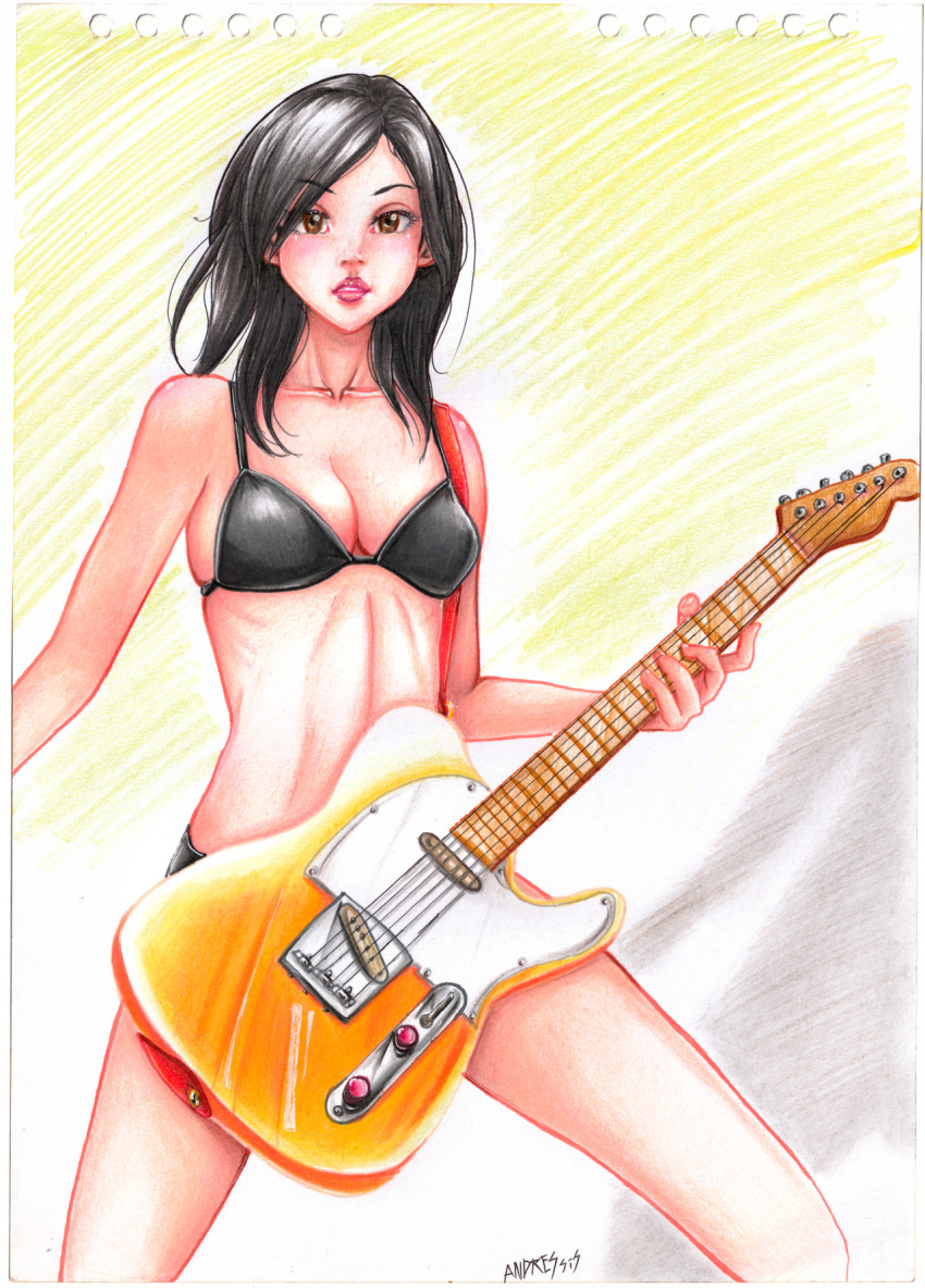 1girl beck bikini black_bikini breasts electric_guitar english_commentary fender_telecaster guitar guitar_strap hair_over_one_eye highres holding holding_guitar holding_instrument instrument medium_hair minami_maho music playing_guitar playing_instrument sasori-sanin scan shadow simple_background solo spread_legs swimsuit traditional_media unplugged yellow_background