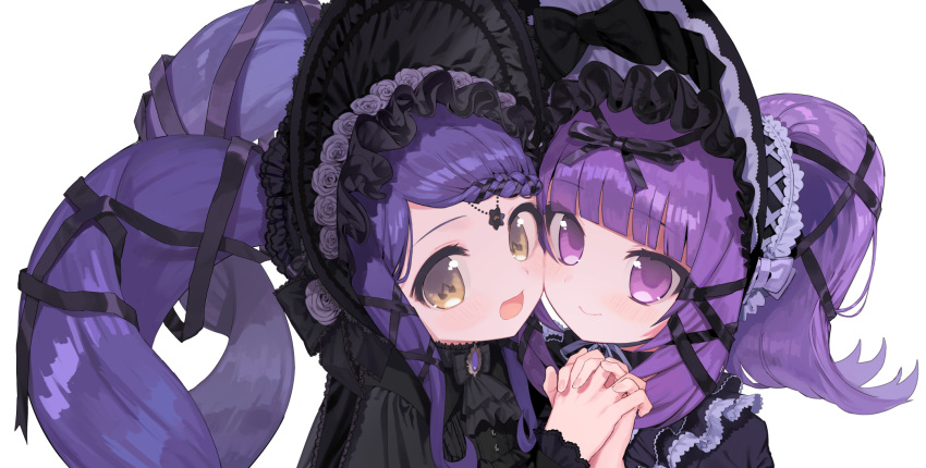 2girls :d black_ribbon blue_hair blunt_bangs bonnet braid braided_bangs garara_s_leep gothic_lolita hair_ribbon hanazono_shuka head_chain heath_(artist) highres holding_hands idol_time_pripara interlocked_fingers lolita_fashion long_hair looking_at_viewer multiple_girls open_mouth ponytail pretty_series pripara purple_eyes purple_hair ribbon simple_background smile symbol-shaped_pupils third-party_source twintails upper_body white_background yellow_eyes