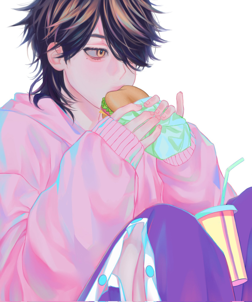 1boy black_hair burger cola corrupted_twitter_file eating expressionless fingernails food from_side gusamo hair_over_one_eye hanemiya_kazutora highres holding_burger knees_up light_blush long_sleeves male_focus medium_hair mole mole_under_eye multicolored_hair pants pink_sweater portrait purple_pants simple_background sitting solo streaked_hair sweater tokyo_revengers wolf_cut yellow_eyes