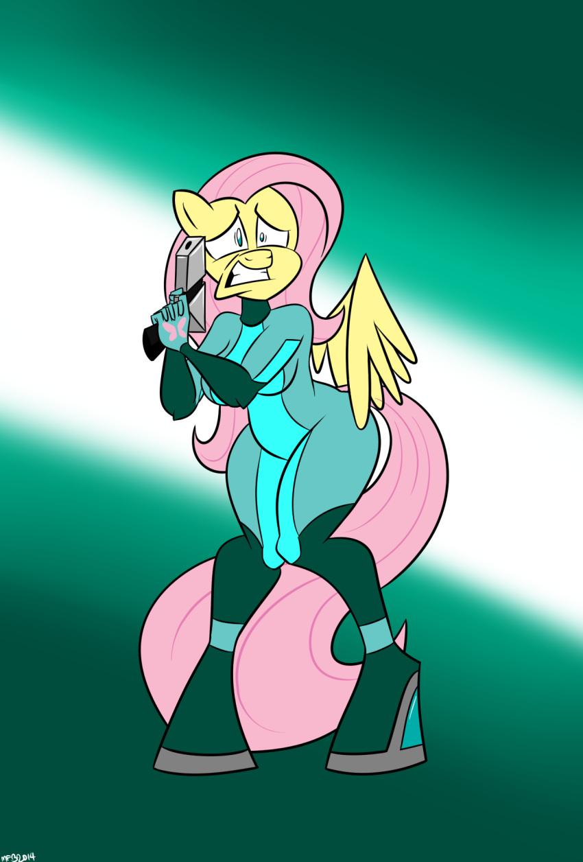 2014 anthro digital_media_(artwork) equid equine female fluttershy_(mlp) friendship_is_magic gun handgun hasbro hi_res holding_object holding_weapon mammal metroid my_little_pony mysteryfanboy91 mythological_creature mythological_equine mythology nintendo pegasus ranged_weapon scared solo weapon wings zero_suit
