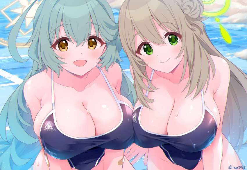 2girls :d abydos_high_school_swimsuit ahoge aqua_hair bandaid bare_arms bare_shoulders blonde_hair blue_archive blush breast_press breasts brown_eyes cleavage closed_mouth commentary_request competition_school_swimsuit day green_eyes hair_between_eyes hair_bun hair_ornament halo highres ima_(lm_ew) large_breasts light_brown_hair long_hair looking_at_viewer multiple_girls nonomi_(blue_archive) one-piece_swimsuit open_mouth outdoors school_swimsuit sidelocks smile swimsuit very_long_hair water yume_(blue_archive)