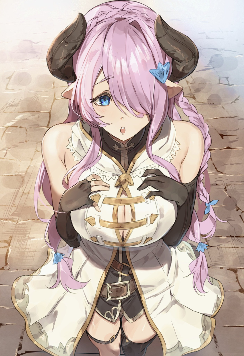 1girl asymmetrical_gloves asymmetrical_legwear bare_shoulders black_gloves black_shirt blue_eyes blush braid breasts cleavage coat draph elbow_gloves gloves granblue_fantasy hair_ornament hair_over_one_eye highres horns large_breasts long_hair narmaya_(granblue_fantasy) nasubin_(nasubisamurai15) open_mouth pink_hair pointy_ears shirt solo thigh_strap thighhighs very_long_hair white_coat