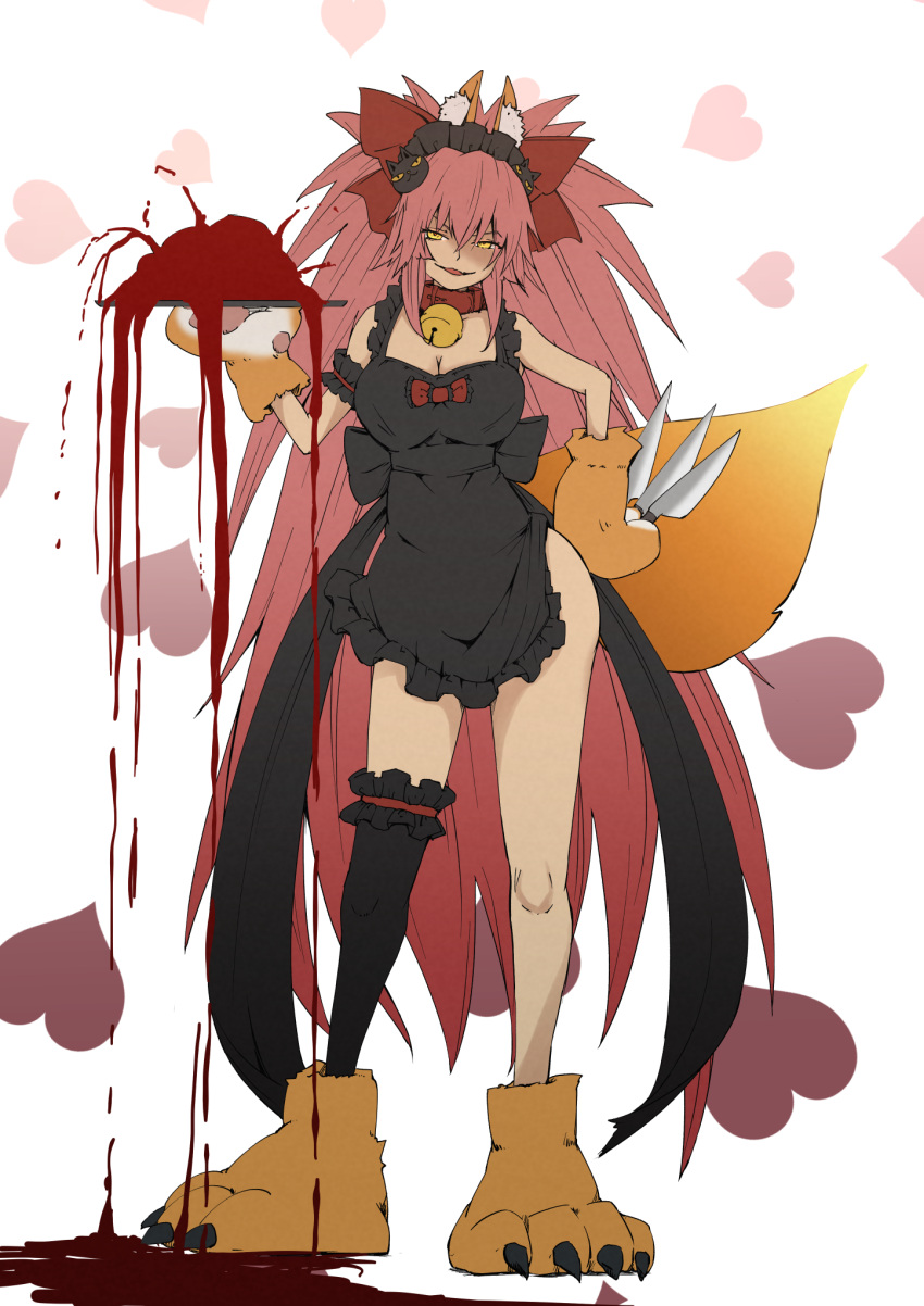 1girl alter_servant animal_ear_fluff animal_ears animal_hands apron bell blood bow breasts cat_hair_ornament cat_paws cleavage collar collarbone fate/grand_order fate_(series) fox_ears fox_girl fox_tail full_body gloves hair_bow hair_ornament highres holding holding_knife jingle_bell knife large_breasts long_hair looking_at_viewer maid_headdress naked_apron neck_bell open_mouth paw_gloves paw_shoes pink_hair ponytail ribbon smile solo tail tamamo_(fate) tamamo_cat_(fate) tamamo_cat_(third_ascension)_(fate) very_long_hair yellow_eyes ystrann