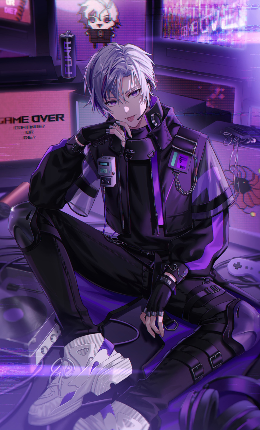 1boy black_gloves commentary controller energy_drink fingerless_gloves full_body fuwa_minato fuwa_minato_(2nd_costume) game_controller game_over gloves headphones high_collar highres indoors jacket kawausoman knee_pads looking_at_viewer male_focus monitor multicolored_hair nijisanji phonograph purple_eyes purple_hair purple_jacket purple_theme shoes smile sneakers solo streaked_hair tongue tongue_out virtual_youtuber white_footwear white_hair