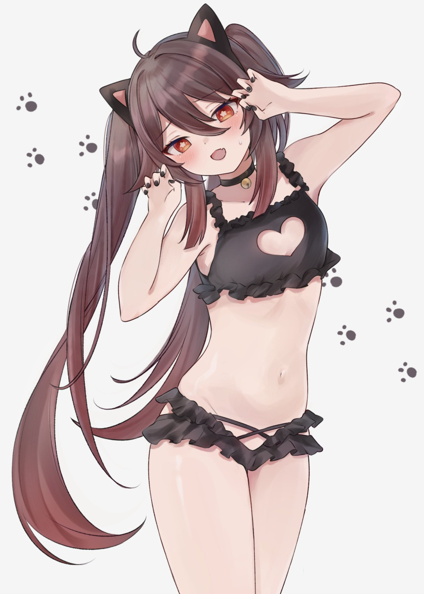 1girl ahoge animal_ears bare_arms bare_shoulders black_choker black_nails blush brown_hair cat_ears cat_lingerie choker claw_pose commentary cowboy_shot engasaki_sakura fake_animal_ears genshin_impact grey_background highres hu_tao_(genshin_impact) long_hair meme_attire nail_polish navel orange_eyes simple_background solo standing stomach thighs twintails very_long_hair