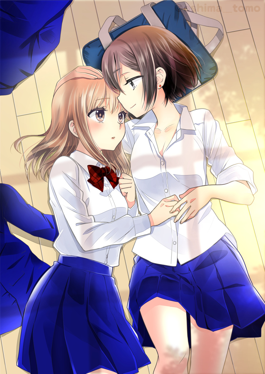 2girls arm_around_back bag black_eyes black_hair black_socks blazer blue_jacket blue_skirt blush breasts brown_eyes brown_hair cleavage clenched_hand collared_shirt commentary_request earrings hakozaki_shiine hand_on_another's_head hand_on_own_chest highres houkago_(doujin) jacket jewelry kamisato_ichika knee_up long_hair long_sleeves looking_at_another lying medium_breasts miniskirt multiple_girls necktie on_back on_side ooshima_tomo open_mouth partial_commentary partially_unbuttoned plaid_necktie red_necktie school_bag shadow shirt shirt_tucked_in short_hair sidelocks skirt socks twitter_username unworn_jacket white_shirt yuri