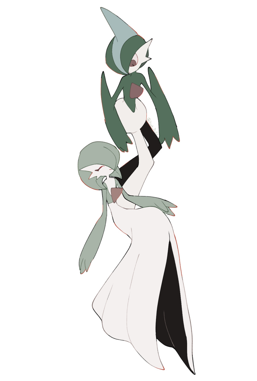 arm_blade bob_cut closed_eyes colored_skin dress gallade gardevoir green_hair hair_over_one_eye highres kurosuke_(krsk_8x8x) multicolored_skin pokemon pokemon_(creature) simple_background smile two-tone_skin weapon white_background white_dress white_skin