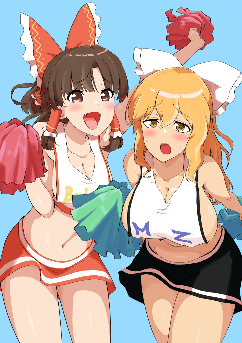 2girls @_@ absurdres bare_shoulders benikurage_(cookie) blonde_hair blue_background bow breasts brown_eyes brown_hair cheerleader cleavage collarbone cookie_(touhou) cowboy_shot fangs hair_bow hakurei_reimu highres holding holding_pom_poms kirisame_marisa mars_(cookie) midriff miniskirt multiple_girls navel open_mouth pom_pom_(cheerleading) red_bow remote_controller_4 skirt smile tongue touhou vest white_bow white_vest yellow_eyes