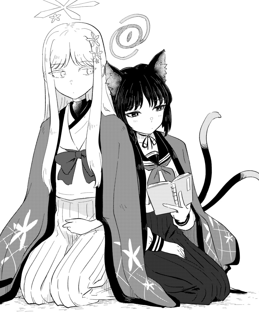 2girls animal_ear_fluff animal_ears blue_archive book bow bright_pupils cat_ears cat_tail greyscale hair_ornament halo hand_on_lap haori hariyaa highres holding holding_book japanese_clothes kikyou_(blue_archive) kneeling leaning_on_person long_hair long_skirt long_sleeves looking_at_another monochrome multiple_girls multiple_tails nagusa_(blue_archive) neckerchief pleated_skirt reading sailor_collar simple_background skirt snowflake_hair_ornament tail two_tails