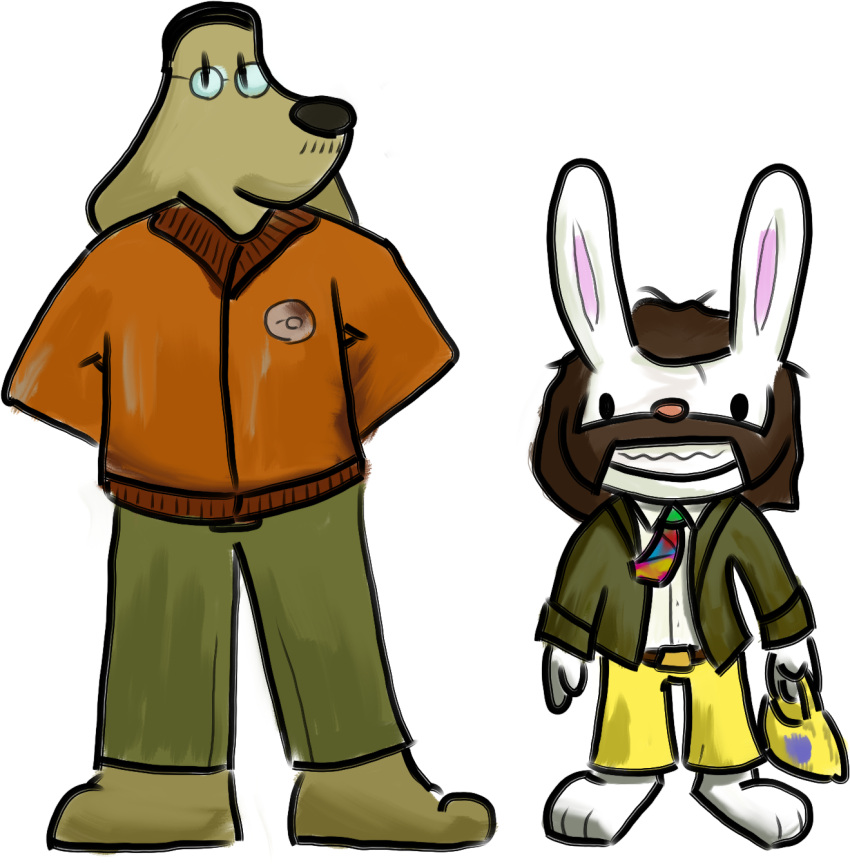 anthro bomber_jacket canid canine canis cosplay crossover crossover_cosplay disco_elysium domestic_dog duo eyewear glasses harrier_du_bois hi_res hj kim_kitsuragi lagomorph leporid male male/male mammal max_(sam_and_max) mutton_chops necktie plastic_bag rabbit sam_and_max samuel_dog