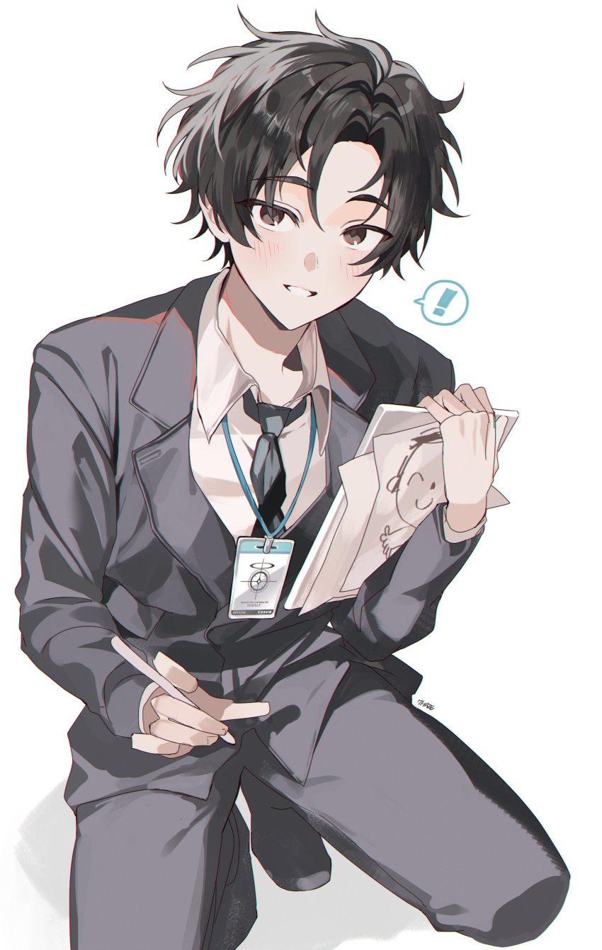 ! 1boy absurdres black_eyes black_hair blue_archive coat collared_shirt commentary_request grey_coat grey_necktie grey_pants grey_suit highres holding holding_paper holding_pen long_sleeves looking_at_viewer male_focus necktie ohw8g pants paper pen sensei_(blue_archive) sensei_(blue_archive_the_animation) shirt simple_background smile solo spoken_exclamation_mark squatting suit white_background white_shirt