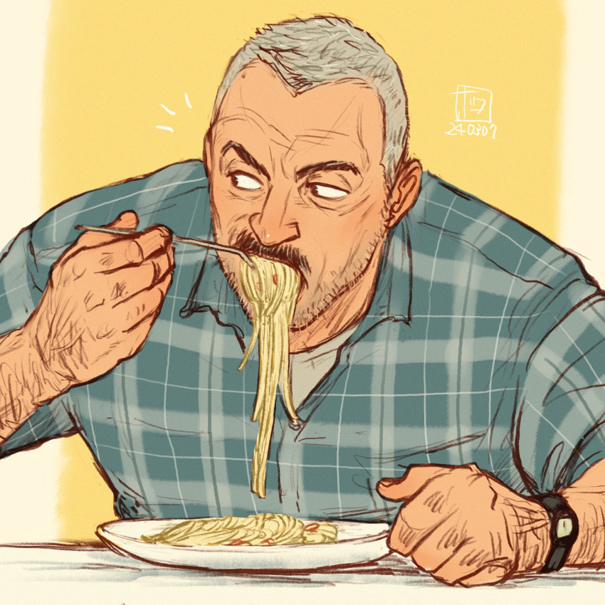 1boy aaron_gruber_(o_natsuo88) arm_hair bara beard_stubble eating facial_hair food food_in_mouth fork grey_hair hand_hair highres holding holding_fork looking_to_the_side male_focus mature_male mustache notice_lines o_natsuo88 old old_man original pasta receding_hairline scar scar_on_cheek scar_on_face shirt short_hair simple_background solo stubble thick_eyebrows thick_mustache upper_body watch wrinkled_skin wristwatch