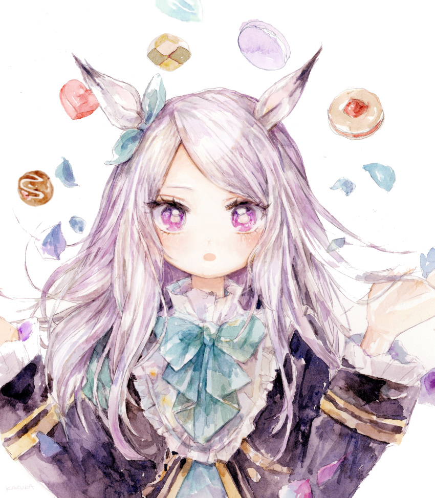 1girl :o absurdres animal_ears black_jacket blue_bow blush bow bowtie cookie doughnut ear_ribbon food frilled_sleeves frills hands_up highres horse_ears horse_girl jacket kazuka long_hair long_sleeves looking_at_viewer macaron mejiro_mcqueen_(umamusume) open_mouth petals purple_eyes purple_hair ribbon simple_background solo sweets swept_bangs traditional_media umamusume upper_body white_background