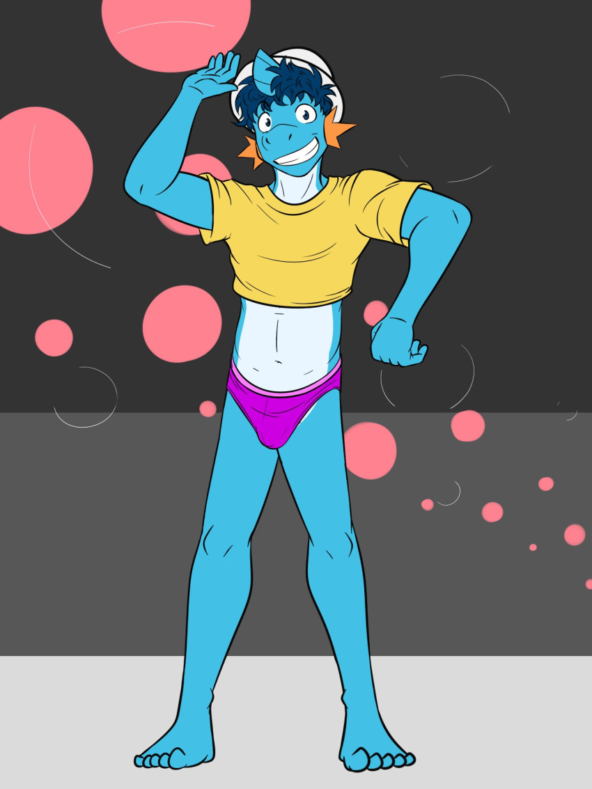abstract_background anthro anthrofied briefs bulge clothed clothing crop_top full-length_portrait fuze generation_3_pokemon gesture grin hat headgear headwear hi_res male midriff mudkip navel nintendo pantsless pokemon pokemon_(species) pokemorph portrait shirt smile solo t-shirt topwear underwear waving