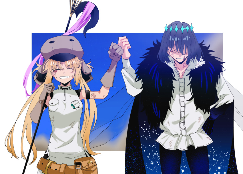 1boy 1girl 710_ao absurdres artoria_caster_(fate) artoria_caster_(first_ascension)_(fate) artoria_pendragon_(fate) belt belt_pouch blonde_hair border brown_gloves cabbie_hat cloak closed_eyes diamond_hair_ornament dirty dirty_clothes dirty_face fate/grand_order fate_(series) fist_bump fur-trimmed_cloak fur_trim gloves grey_hair grin hands_up hat highres long_hair oberon_(fate) outside_border pouch shirt short_hair sleeveless sleeveless_shirt small_sweatdrop smile twintails white_border white_shirt