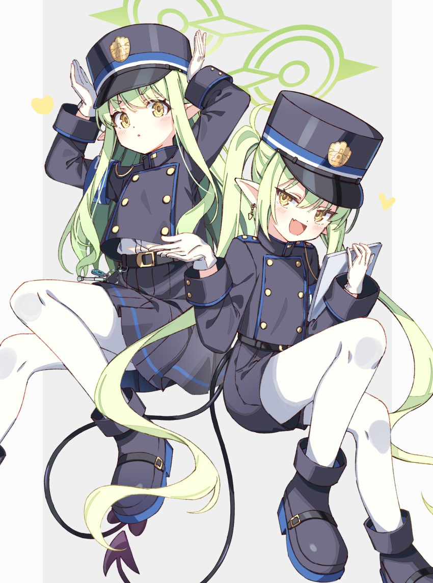 2girls :d belt black_belt black_footwear black_jacket black_skirt blue_archive blue_hat blush buttoned_cuffs buttons commentary demon_tail double-breasted earrings foot_out_of_frame green_hair grey_background hair_between_eyes halo hat highlander_sidelocks_conductor_(blue_archive) highlander_twintails_conductor_(blue_archive) highres holding holding_tablet_pc hugging_object jacket jewelry knees_together_feet_apart long_hair looking_at_viewer miniskirt multiple_girls open_mouth outside_border pantyhose pillarboxed pleated_skirt pointy_ears rabbit_pose shako_cap shirt shirt_overhang shoes shoulder_boards simple_background skirt sleeve_cuffs smile smug straight_hair symbol-only_commentary tablet_pc tail twintails white_pantyhose white_shirt yellow_eyes zoirun