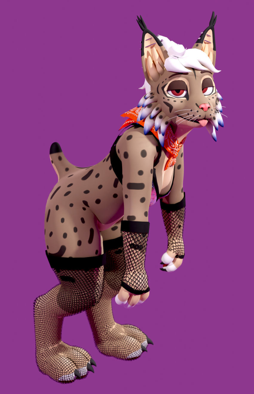 3d_(artwork) anthro armwear bandanna bent_over blender_(software) blender_cycles blue_highlights bottomless bra brown_body cervidaeaxis cheek_tuft claws clothed clothing digital_media_(artwork) ear_piercing eyeshadow facial_tuft felid feline female fishnet_armwear fishnet_clothing fishnet_legwear flipside_(lynx) hair half-closed_eyes hi_res highlights_(coloring) industrial_piercing kerchief legwear looking_at_viewer lynx makeup mammal markings narrowed_eyes neckerchief nub_tail piercing pink_nose red_eyes slouching solo spots spotted_body standing tongue tongue_out tuft tufted_ears underwear whiskers white_hair