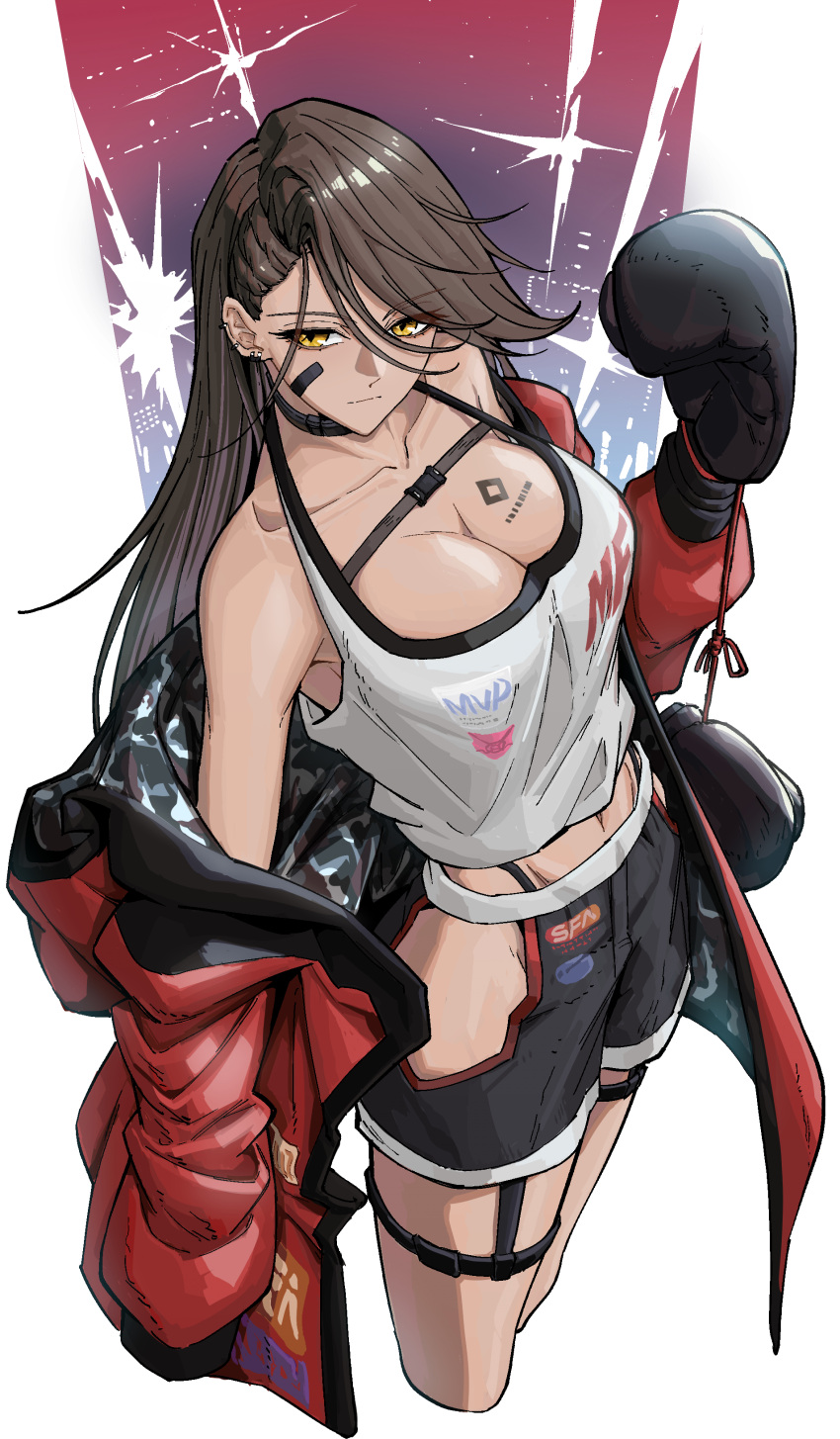 1girl absurdres black_choker black_gloves black_shorts boxing_gloves boxing_shorts breast_tattoo breasts brown_hair choker cleavage cropped_legs dark-skinned_female dark_skin ear_piercing girls'_frontline girls'_frontline_neural_cloud gloves highres hood hooded_jacket jacket leien8 long_hair magnhilda_(neural_cloud) navel off_shoulder piercing red_jacket shorts solo tank_top tattoo white_tank_top