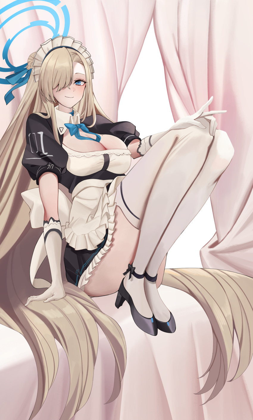 1girl absurdres apron arima_(step_speed) ass asuna_(blue_archive) black_dress black_footwear blue_archive blue_eyes blue_halo blue_ribbon blush breasts cleavage closed_mouth dress frilled_apron frilled_dress frills full_body gloves hair_over_one_eye hair_ribbon halo high_heels highres large_breasts light_brown_hair long_hair maid maid_headdress mole mole_on_breast puffy_short_sleeves puffy_sleeves ribbon short_sleeves solo thighhighs white_apron white_gloves white_thighhighs