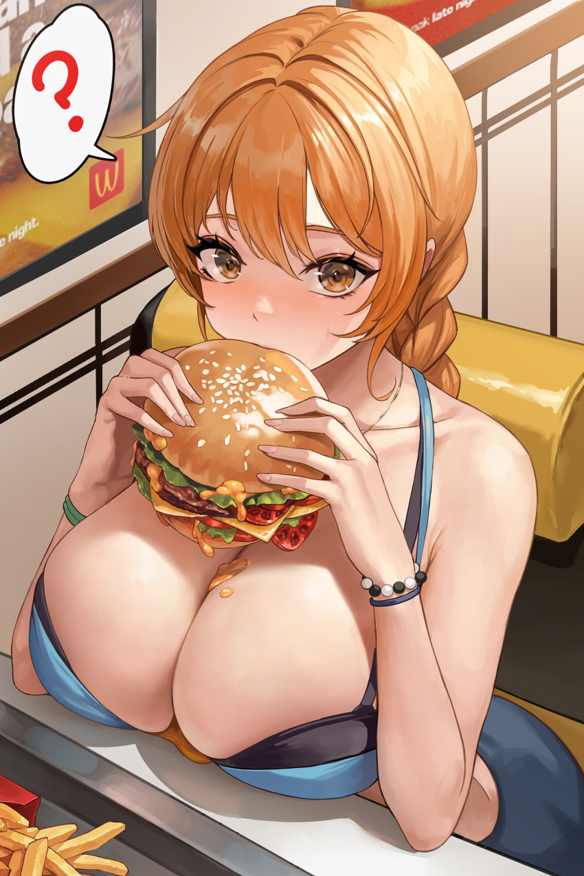 1girl absurdres black_bra blue_tank_top bra bracelet braid bread_bun breasts brown_eyes burger cheese commentary eating fast_food food french_fries from_above highres holding holding_burger holding_food huge_breasts indoors jewelry lettuce light_brown_hair looking_at_viewer mute_(mute89539160) necklace original sesame_seeds sitting symbol-only_commentary tank_top tomato tomato_slice underwear wcdonald's