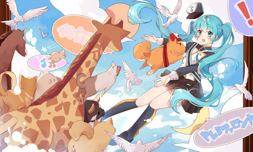 ! 1girl :o animal beamed_eighth_notes bird black_footwear black_shirt black_skirt black_socks blue_eyes blue_hair cat cloud day dog eighth_note floating_hair full_body giraffe hat hatsune_miku horse kneehighs long_hair long_sleeves musical_note musical_note_print natie_(latte) pig shirt shoes skirt sky socks solo spoken_exclamation_mark spoken_musical_note thighs twintails two-tone_socks vocaloid white_bird yellow_socks