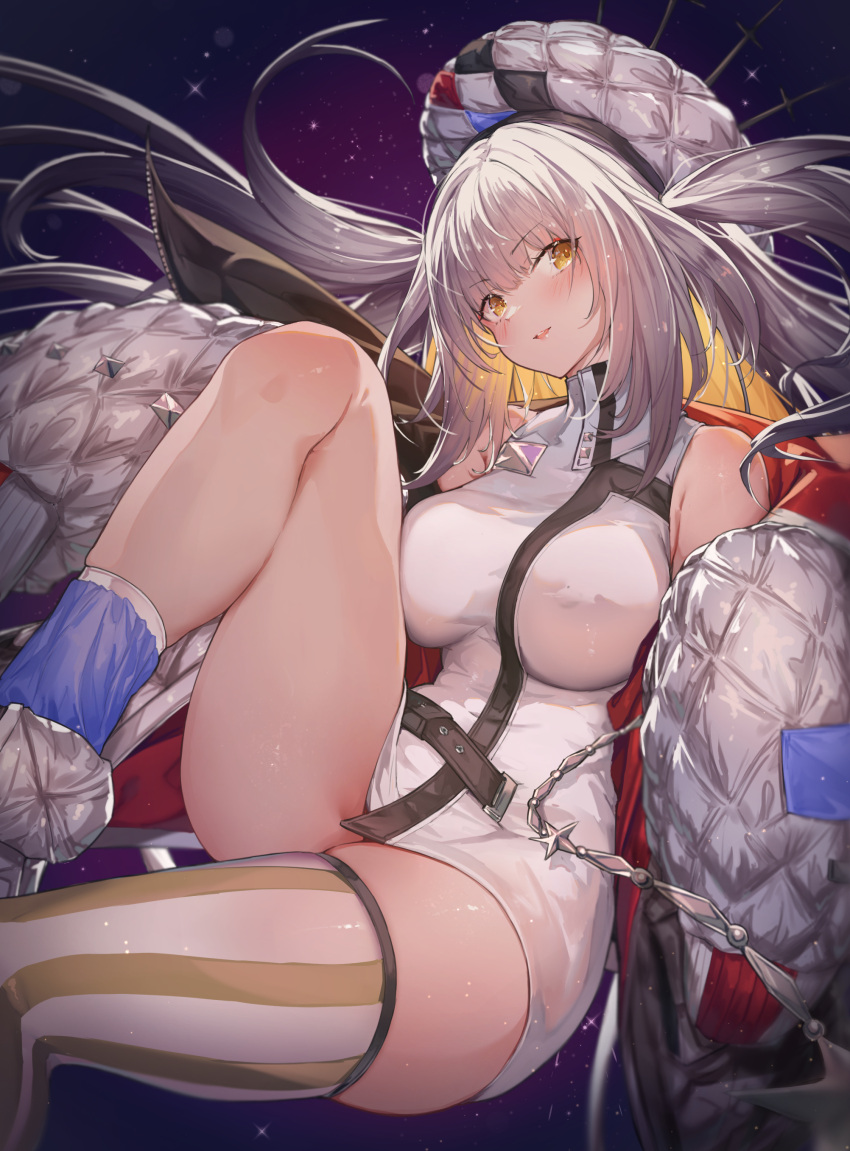 1girl absurdres asymmetrical_legwear blush breasts dress fate/grand_order fate_(series) hat highres jacket large_breasts long_hair long_sleeves looking_at_viewer marie_antoinette_(alter)_(fate) marie_antoinette_(alter)_(first_ascension)_(fate) marie_antoinette_(fate) sidelocks single_thighhigh solo thighhighs thighs two_side_up uneven_legwear ura_illust white_dress white_hair white_hat white_jacket yellow_eyes