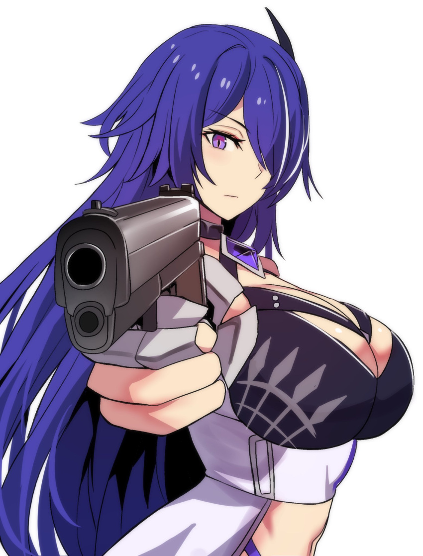 1girl acheron_(honkai:_star_rail) black_choker breasts choker cleavage commentary foreshortening gun hair_over_one_eye handgun highres hinghoi holding holding_gun holding_weapon honkai:_star_rail honkai_(series) large_breasts long_hair looking_at_viewer midriff multicolored_hair navel purple_eyes purple_hair solo streaked_hair very_long_hair weapon white_hair