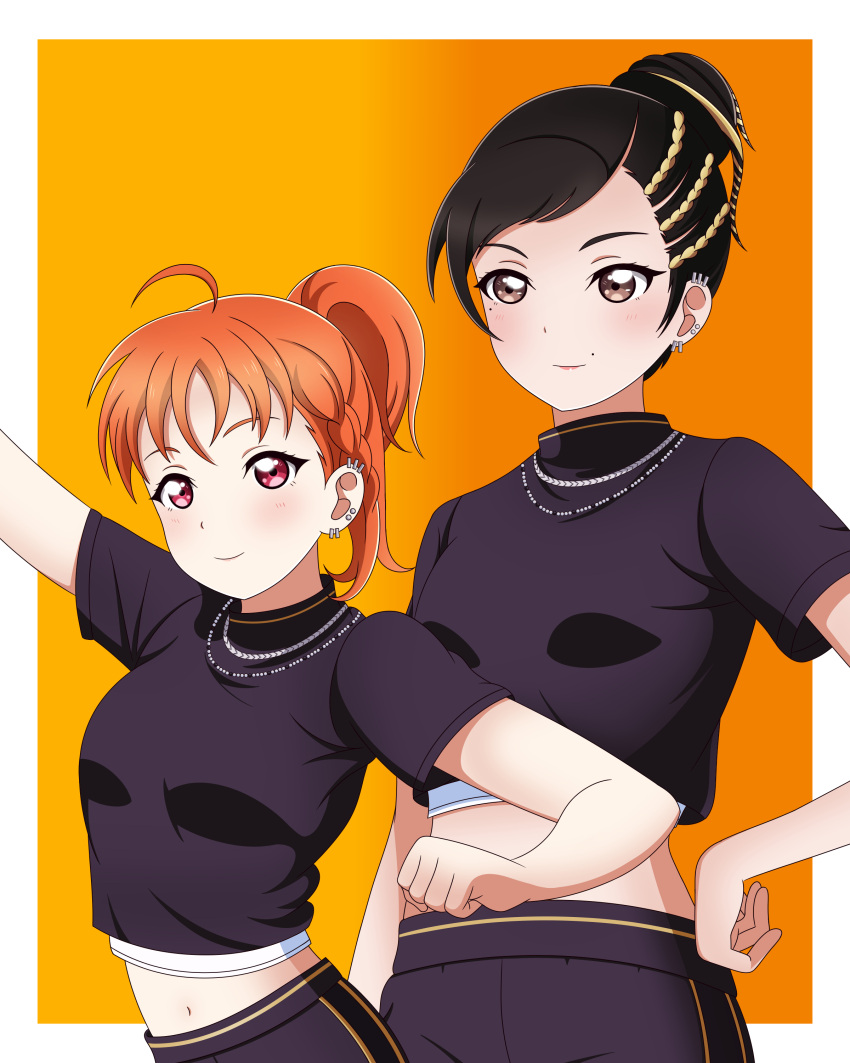 2girls absurdres ahoge black_hair black_pants black_shirt braid brown_eyes cosplay crop_top ear_piercing fujinomiya_chitose_(ryuu_ga_gotoku) fujinomiya_chitose_(ryuu_ga_gotoku)_(cosplay) hair_bun highres jewelry looking_at_viewer love_live! love_live!_sunshine!! midriff mole mole_above_mouth multiple_girls navel necklace orange_background orange_hair pants piercing red_eyes ryuu_ga_gotoku_(series) ryuu_ga_gotoku_8 shirt short_hair side_braid spanish_commentary takami_chika user_kryk2542