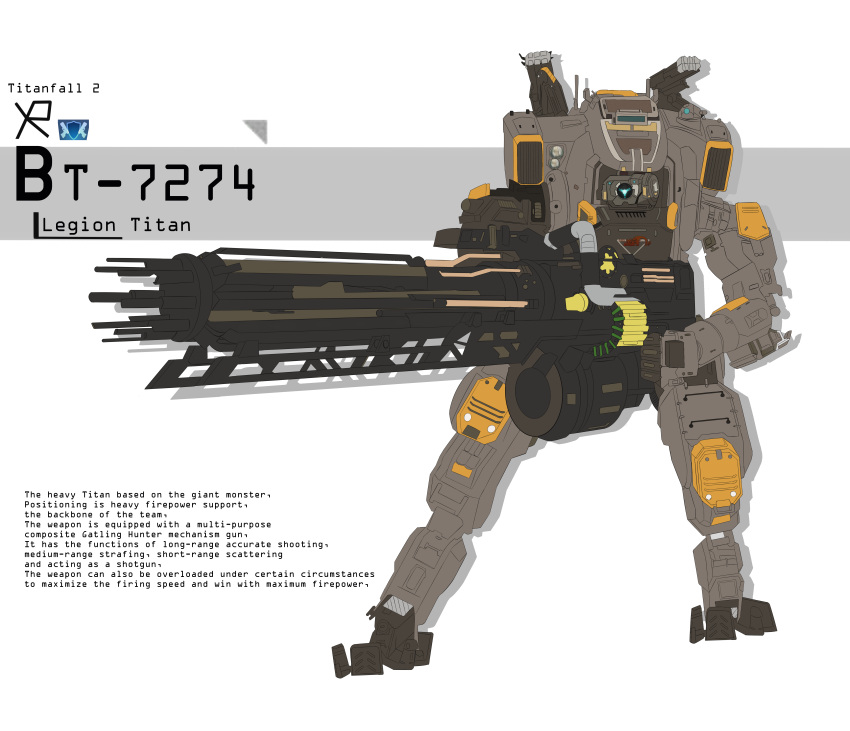 absurdres blue_eyes bt-7274 copyright_name english_text fs-1041 gun highres holding holding_gun holding_weapon mecha_focus no_humans one-eyed predator_cannon titan_(titanfall) titanfall_(series) titanfall_2 weapon yr-731