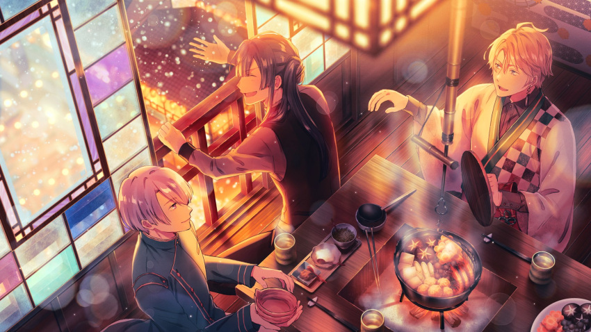 3boys :d ^_^ architecture asa_no_ha_(pattern) azuma_hatori black_pants black_vest blue_coat blue_eyes blue_hair blunt_ends bowl buttons carrot carrot_slice checkered_clothes checkered_kimono chopsticks closed_eyes closed_mouth coat collared_shirt cooking_pot cup dark_blue_hair double-breasted earrings east_asian_architecture egasumi fire food genzuki_toujirou grey_hair hair_between_eyes hair_over_one_eye hand_up highres holding holding_bowl holding_lid hotpot indoors japanese_clothes jewelry kaida_haru kimono ladle lantern lens_flare lid long_hair long_sleeves looking_at_another looking_to_the_side male_focus meat mismatched_earrings multiple_boys mushroom nabe nagao_kei nijisanji pants plate ponytail profile purple_eyes purple_hair railing red_sash sash shiitake shirt short_hair shouji shrimp sidelocks sitting sliding_doors smile snowing spring_onion steam sukiyaki table tassel tassel_earrings teeth upper_body upper_teeth_only valz vegetable vest virtual_youtuber white_kimono wooden_floor wooden_table yunomi