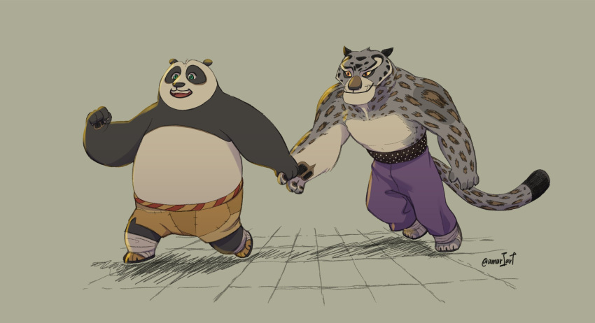amuriart anthro bear belly black_and_white_fur bottomwear clothed clothing dreamworks duo felid fur giant_panda grey_body grey_fur hand_holding hi_res kung_fu_panda male male/male mammal markings master_po_ping overweight pantherine pants running shorts snow_leopard spots spotted_body spotted_fur tai_lung_(kung_fu_panda) topless
