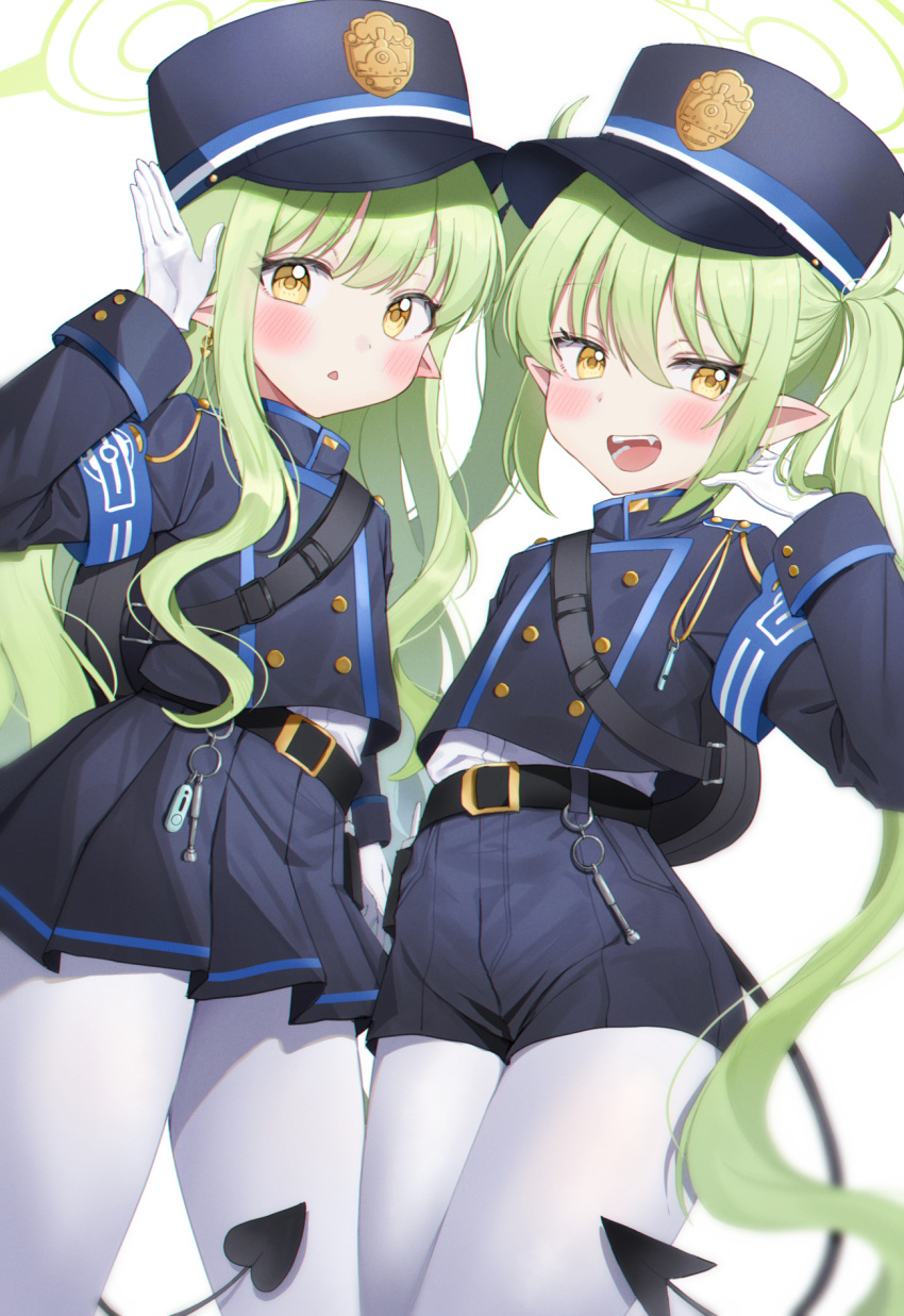 2girls :d :o arm_up armband black_hat black_jacket black_shorts black_skirt blue_archive blush commentary_request demon_tail fang green_hair hair_between_eyes halo hand_up hat highlander_sidelocks_conductor_(blue_archive) highlander_twintails_conductor_(blue_archive) highres jacket kubong long_hair long_sleeves looking_at_viewer multiple_girls pantyhose pantyhose_under_shorts parted_lips peaked_cap pleated_skirt pointy_ears shirt short_shorts shorts sidelocks simple_background skirt smile standing tail twintails undershirt very_long_hair white_background white_pantyhose white_shirt yellow_eyes