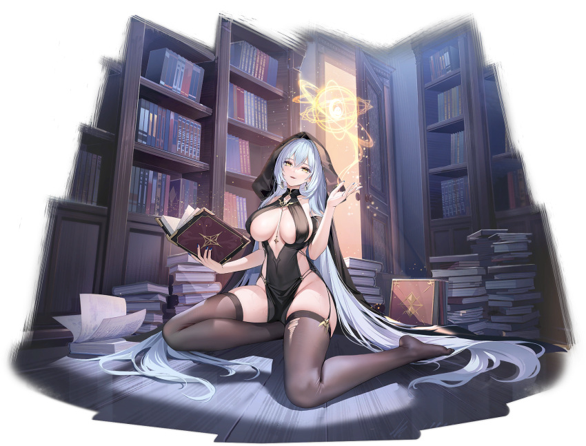 1girl absurdly_long_hair areola_slip arkhangelsk_(azur_lane) arkhangelsk_(supporting_sorceress)_(azur_lane) artist_request azur_lane bare_shoulders between_breasts black_dress black_garter_straps black_thighhighs blue_hair blush book book_stack bookshelf breasts brown_thighhighs cleavage clothing_cutout covered_navel dress feet full_body garter_straps hair_between_eyes highres holding holding_book hood hood_up indoors jewelry large_breasts legs library long_hair looking_at_viewer magic magic_circle no_bra no_panties no_shoes non-web_source official_alternate_costume official_art on_floor open_book pelvic_curtain pillow revealing_clothes sitting skindentation smile solo thick_thighs thighhighs thighs torn_clothes torn_thighhighs transparent_background very_long_hair wooden_floor yellow_eyes yokozuwari